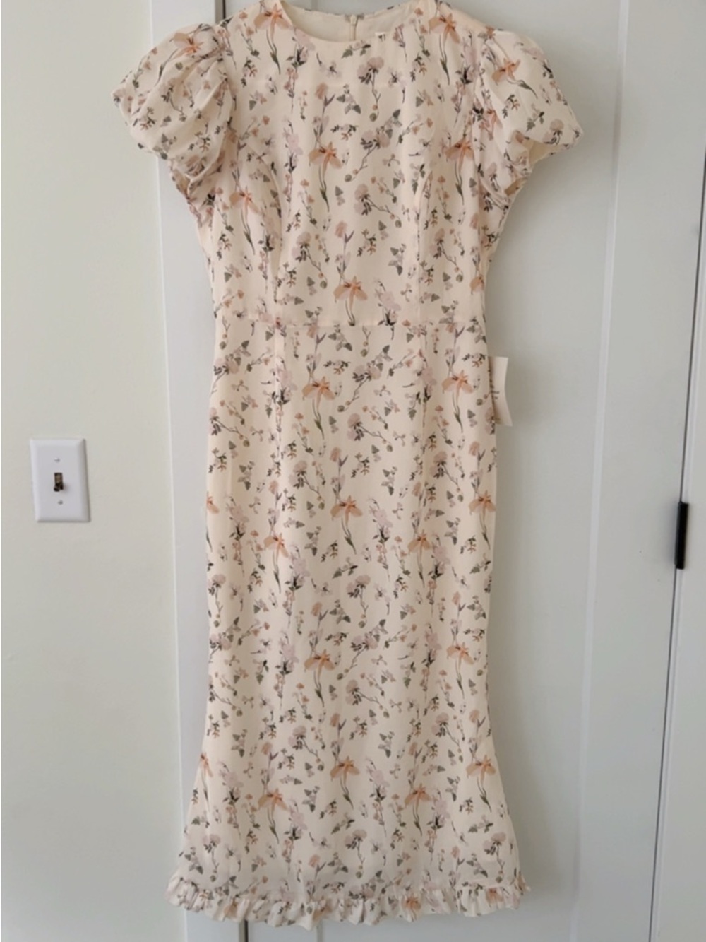Bohme XS Ivory Floral Puff-Sleeve Midi Dress - Picture 4 of 4